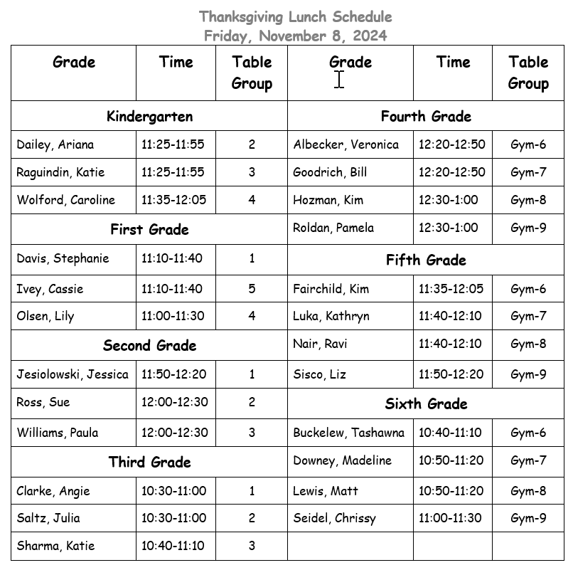 Thanksgiving Lunch Schedule