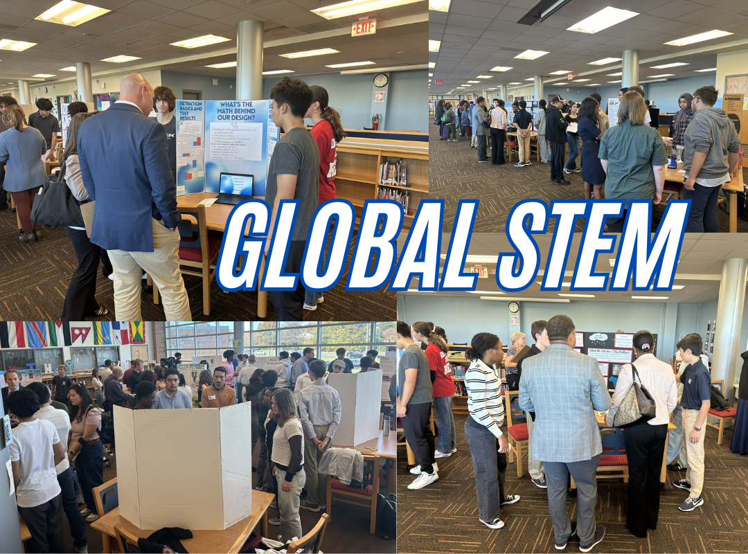 Collage of many people in the library standing around poster boards