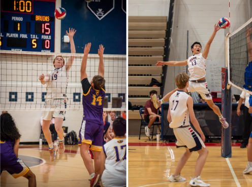 Boys volleyball players defending the net