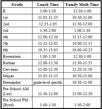 Thanksgiving Lunch and Family Math Schedule