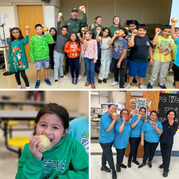 mosaic of photos of students and staff eating an apple