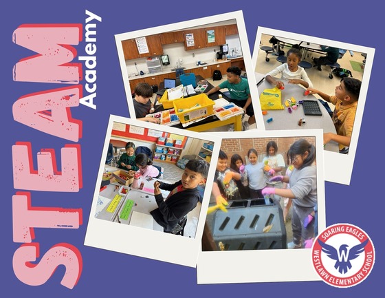 A collage of photos from STEAM Academy clubs including Lego Robots and Green Team