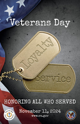 Veterans Day  two dog tags with the words Loyalty, Service Honoring all who served