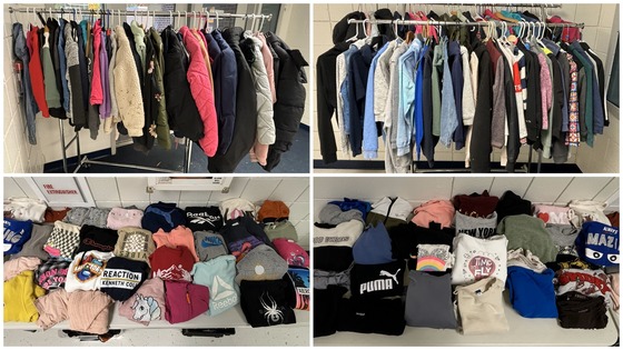 A phto of many student clothing items in our Lost and Found