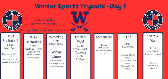 Winter Sport Tryout Schedule for Day 1 November 11th