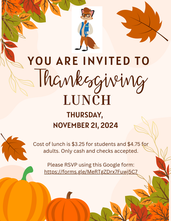 Join us for Thanksgiving Lunch on Thursday, November 21st. Please RSVP.