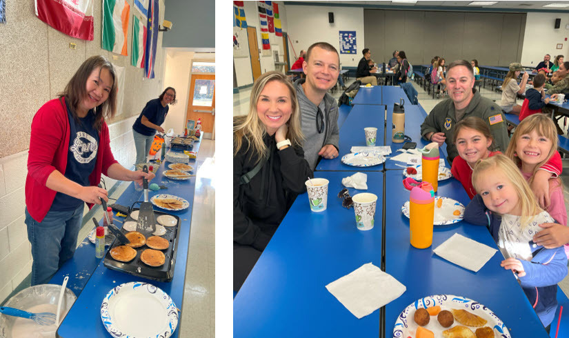 Staff members making pancakes and families enjoying the Veterans Day breakfast