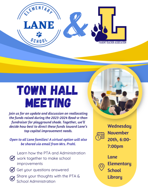 PTA funding reallocation Town Hall Meeting November 20th 6 p.m. Lane Library