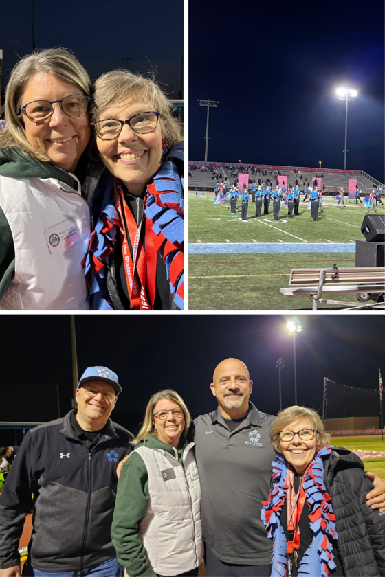 Photo collage Marshall HS football game with principal, DSA, and DSS