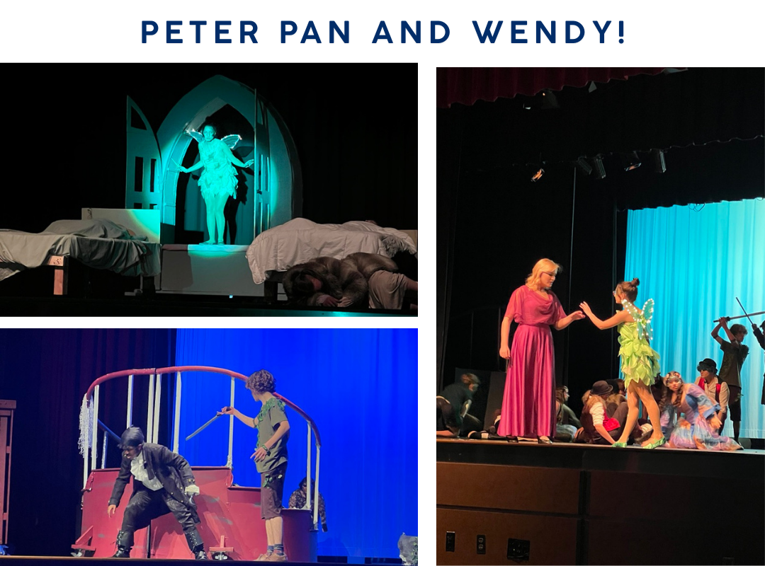 Collage of tinkerbell, peter pand and a lost boy, and tinkerbell and wendy from the school play