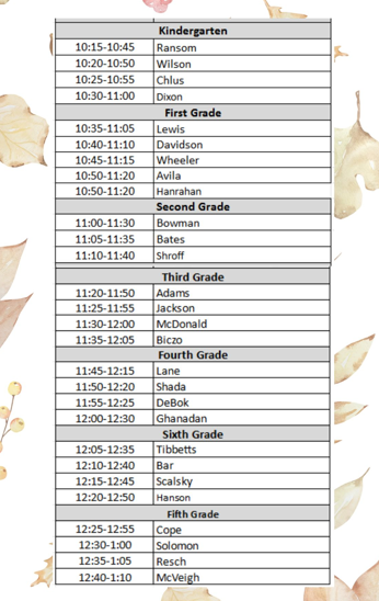 Schedule of class lunch times for the Thanksgiving luncheon