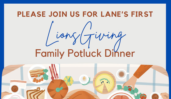 LionsGiving Potluck Family Dinner advertisement - drawing of table with many foods