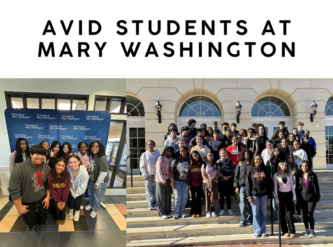 2 photos of students in front of a University of Mary Washington sign and on the stairs in front of a building