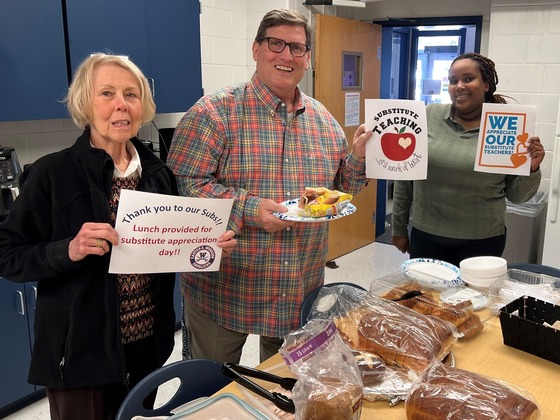 Substitutes smile after our office staff provided them with lunch for Substitute Educators Day