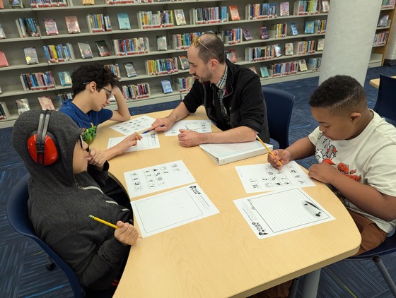 Students working in the library