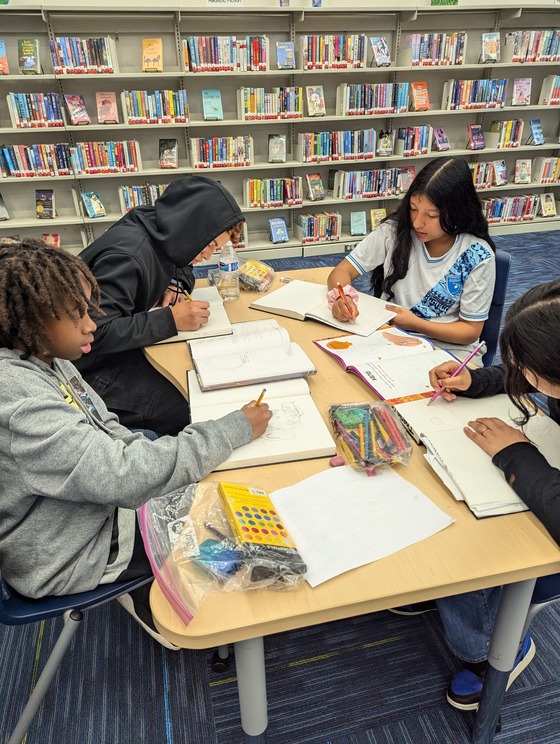 Students working in the library