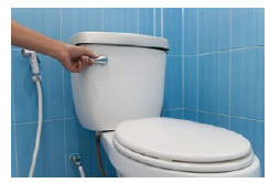 picture of a hand flushing a toilet 