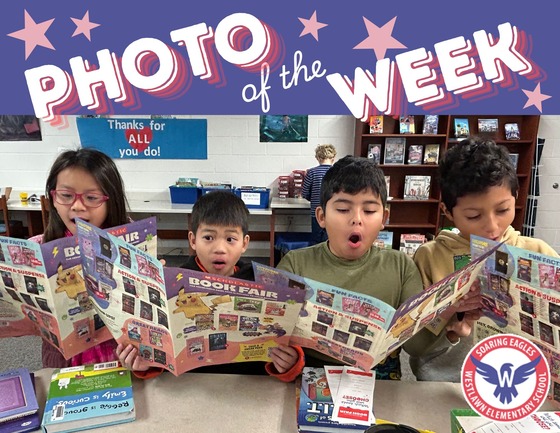 four children look excited while browsing the book fair catalog flier