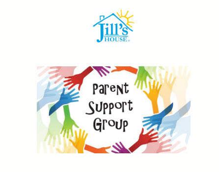 Jills house logo and the words parent support group with multicolored hands around it 