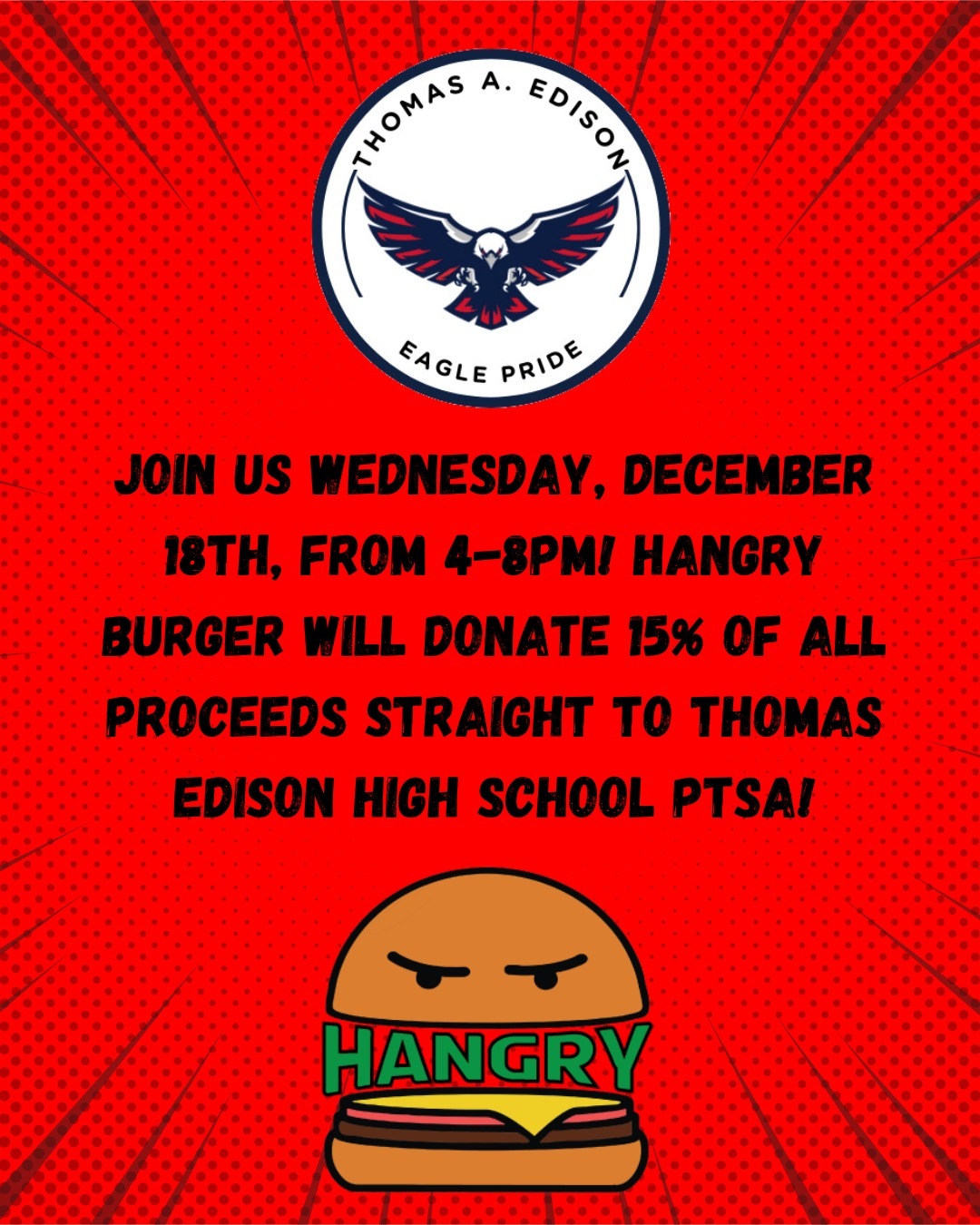 Wednesday dec 18th 4-8pm Hangry Burger Restaurant night