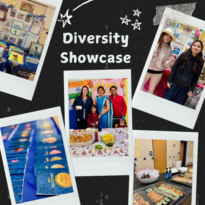 Diversity Showcase, includes pictures of principal harper with a family's display, programs for the show, and sushi