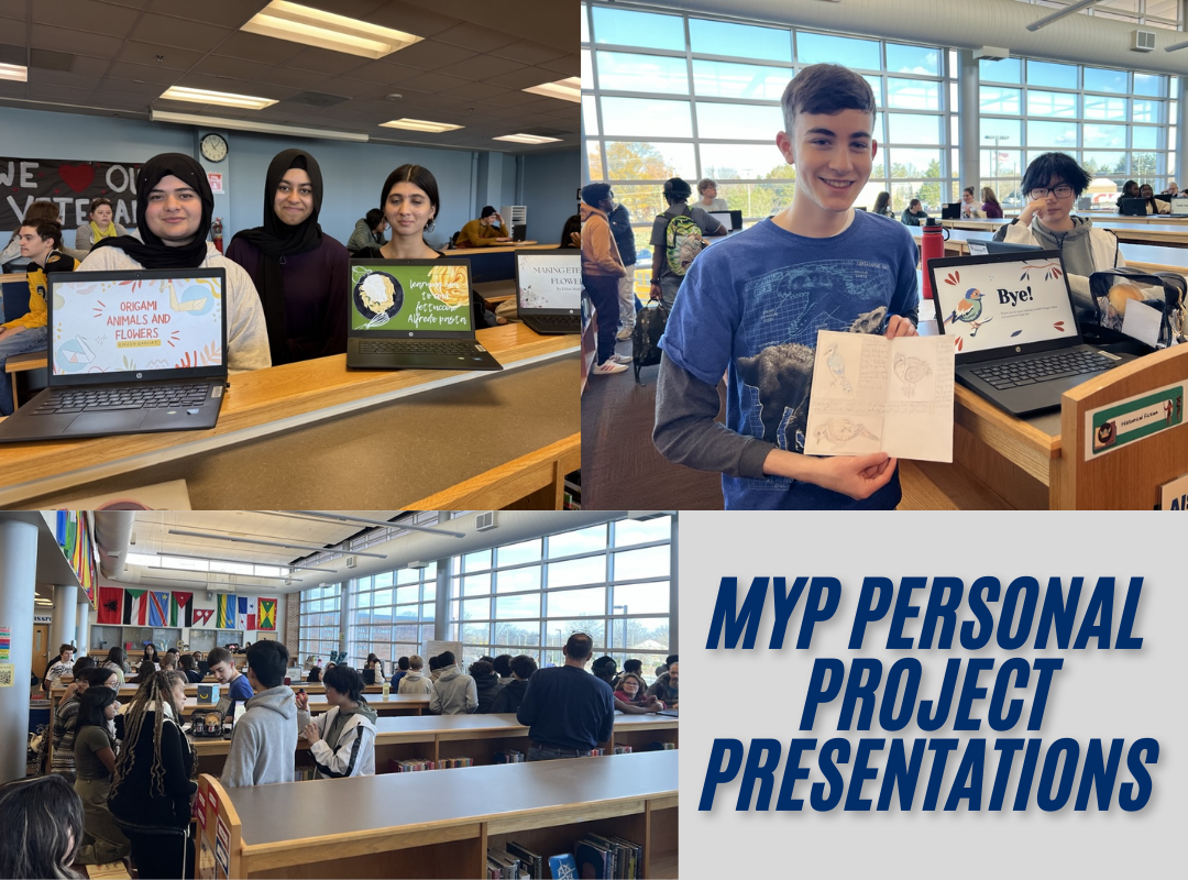 collage of student showing their middle years projects in the library