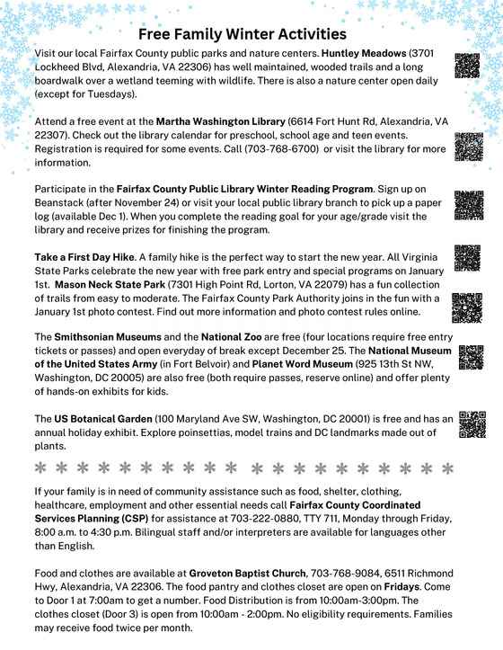 Free Winter Family Activities Flyer