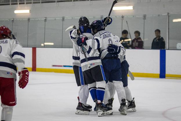 ice hockey players celebrating after they scored to tie the game