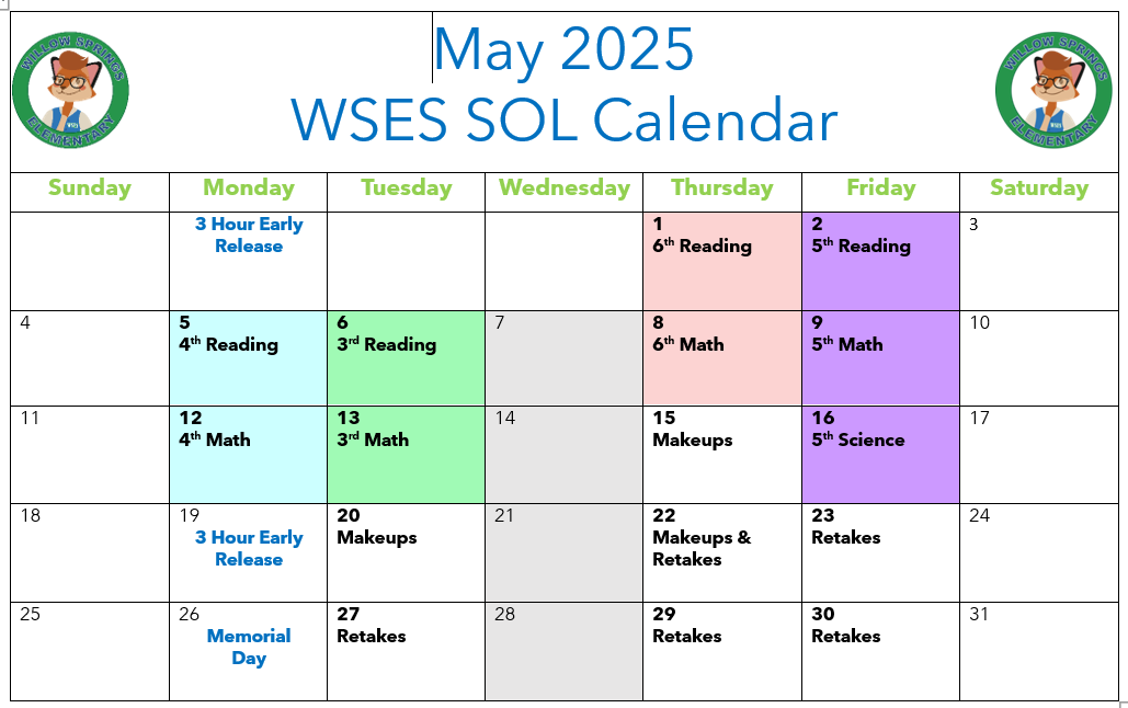 Our WSES Spring SOL Calendar is here and testing will take place in May. 