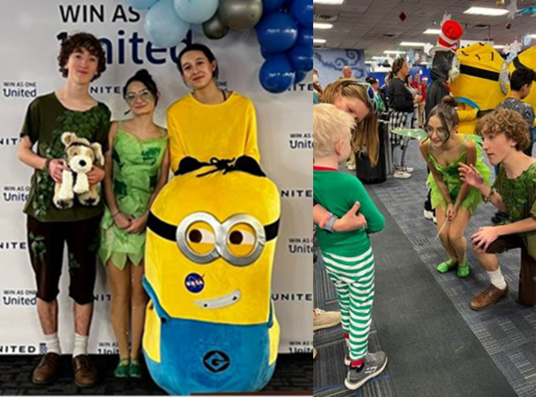 collage of students dressed as peter pan, Tinkerbelle, and a minion