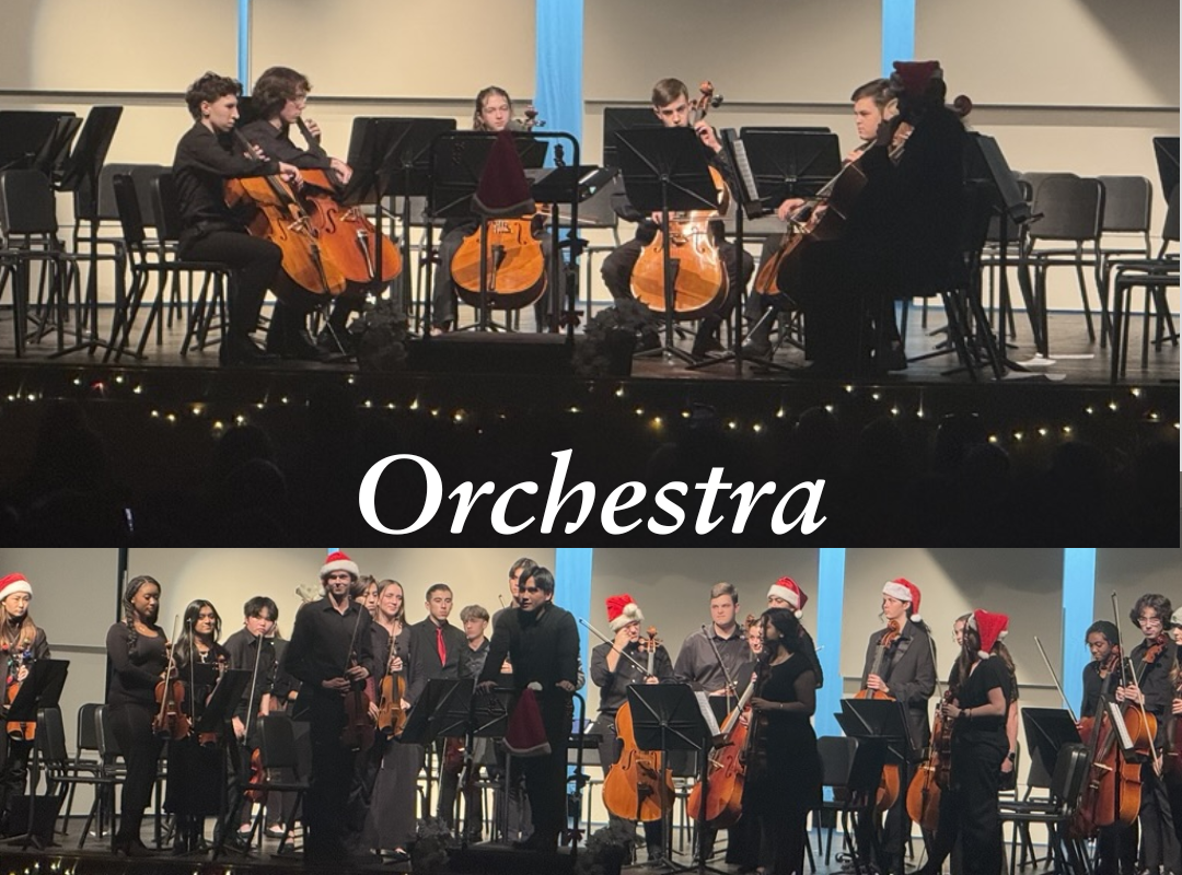 orchestra students playing on the stage with blue lights in the background