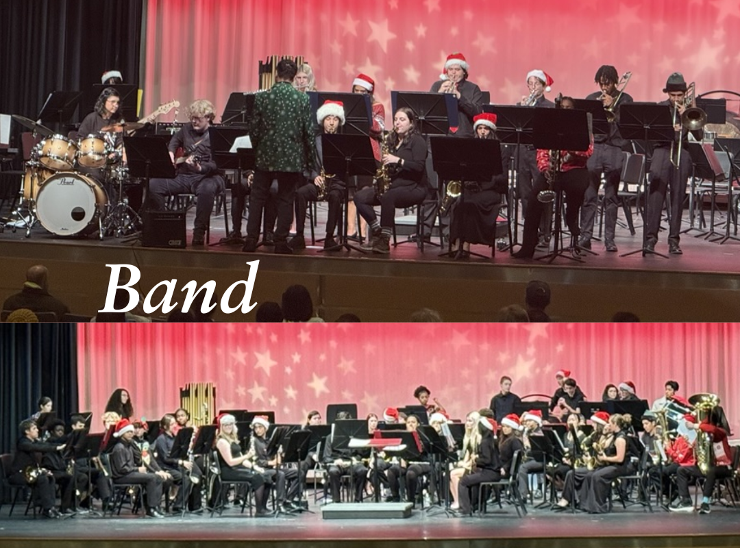 band students playing on the stage with red lights in the background