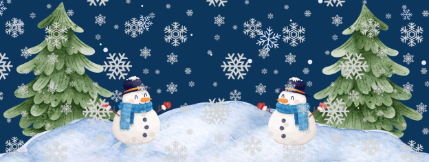 snowmen standing by trees in snow with snowflakes falling