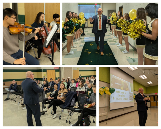 Photo collage of Langley HS PTSA's welcome to Principal Stroud