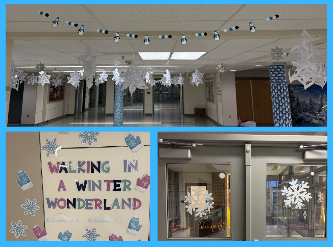 snowflakes hanging from the ceiling and a sign that says walking in a winter wonderland