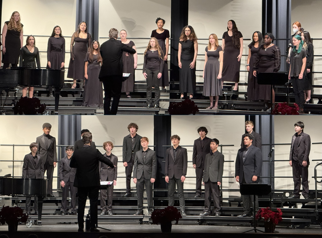 2 photos of students on stage singing, one all female, one all male