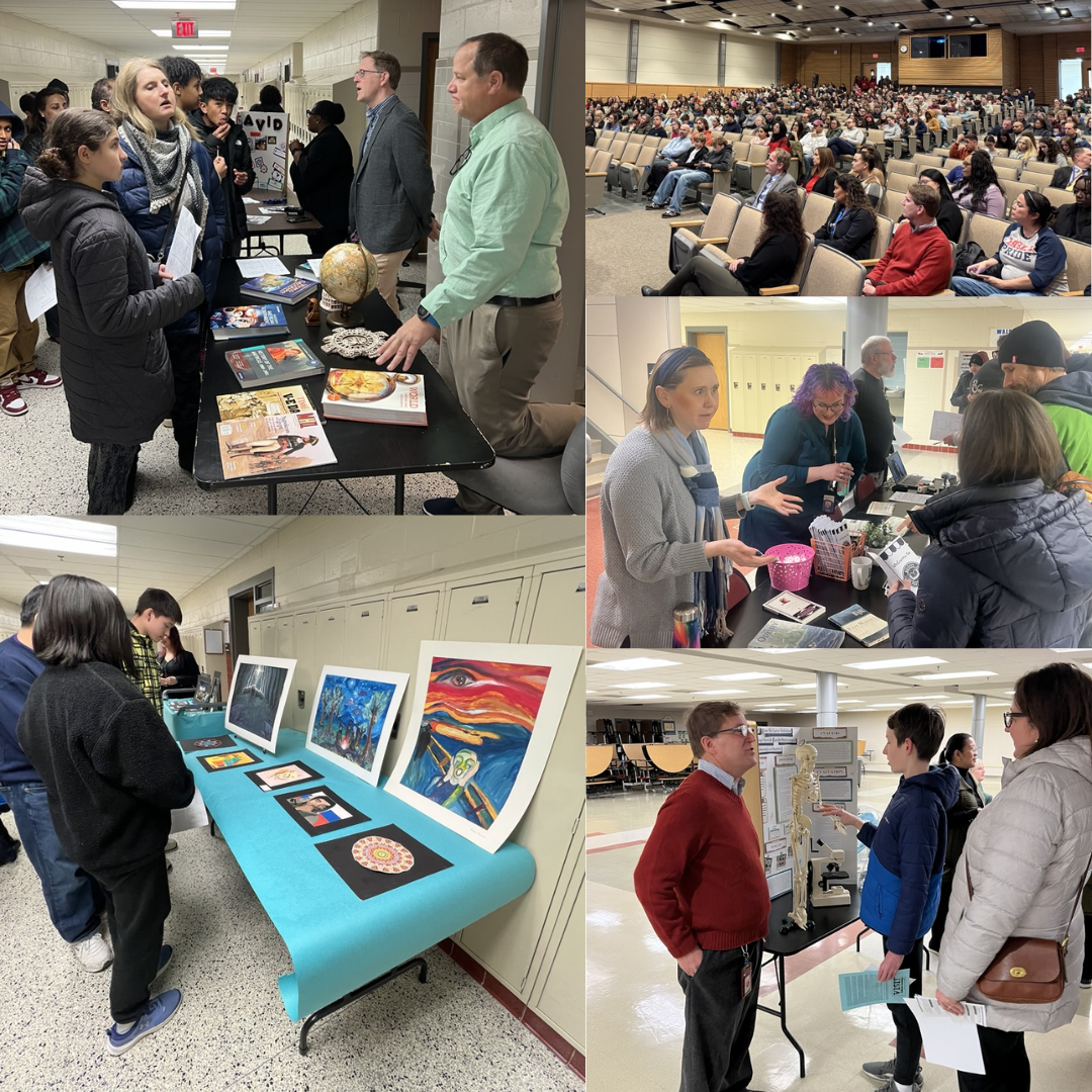 Collage of photos including people in the auditorium and students standing at tables talking to teachers