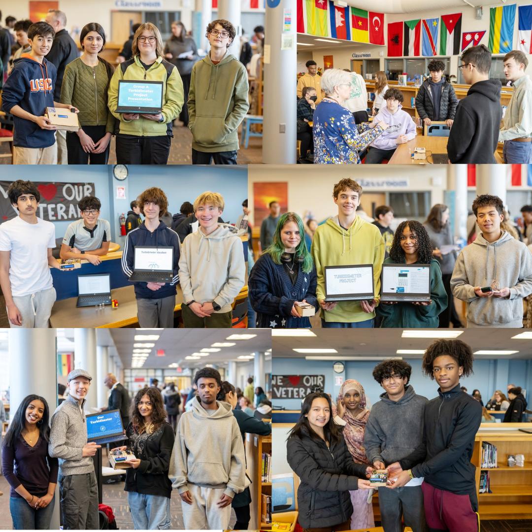 collage of groups of 4 students showing their projects for global stem