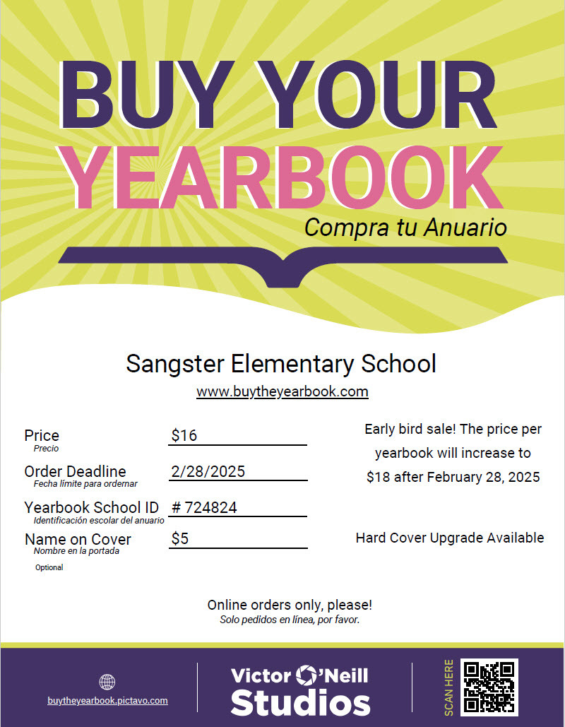 Buy your yearbook at www.buytheyearbook.com for $16 until February 28. Price will increase to $18 after that date. Yearbook school ID is 724824. Hardcover upgrade available. Get student name on cover for $5 extra.