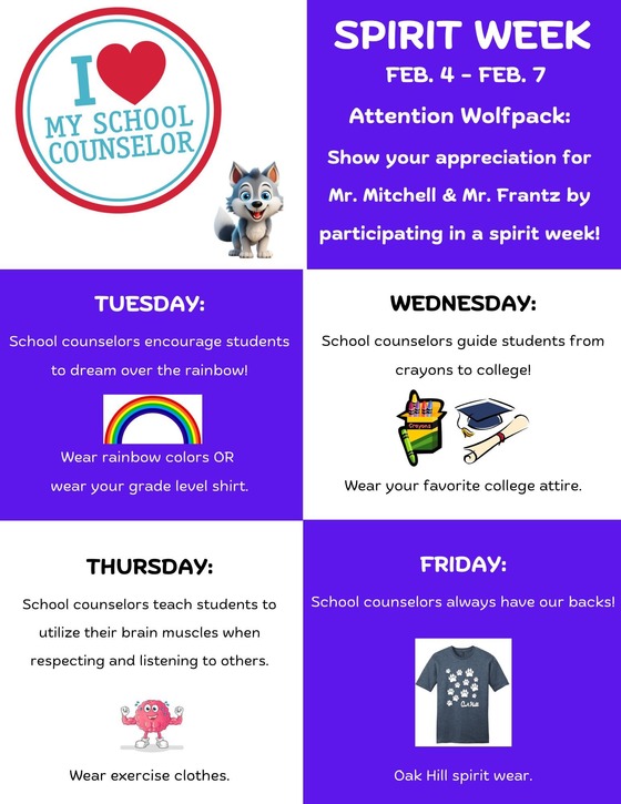 School Counselor Spirit Week flyer- information is also in the text