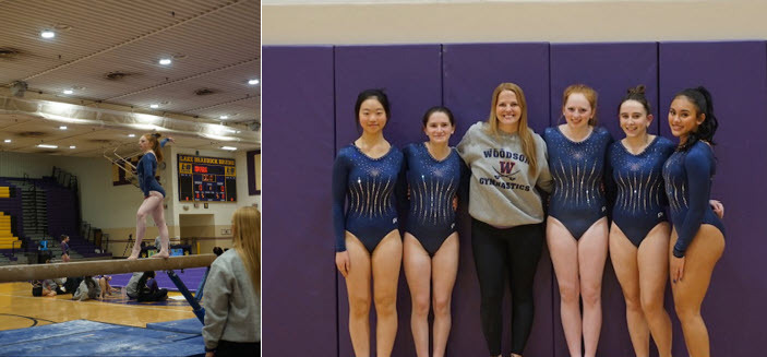 Girls varsity gymnasts pose with their coach for a picture