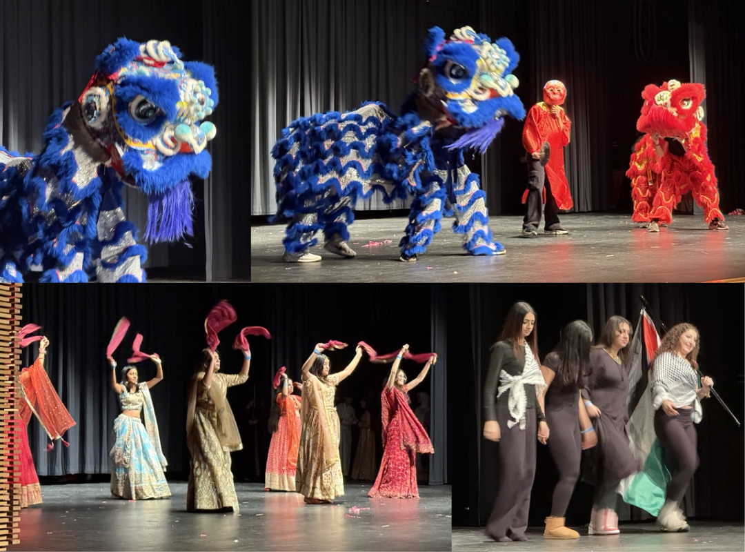 Chinese dragons and students dancing on stage