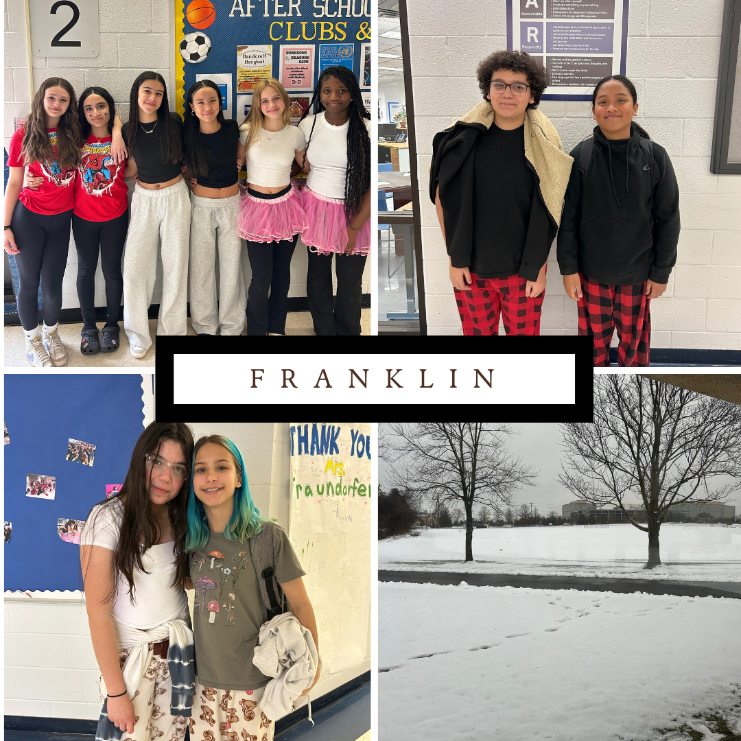 Weekly bulletin image of students dressed for twin day and a snowy field on Thursday morning.