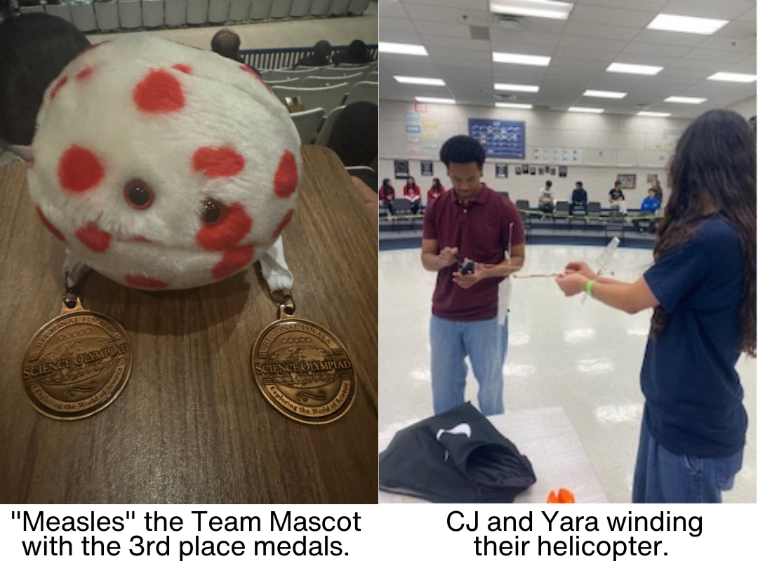 a stuffed animal with 2 medals and 2 students winding their helicopter