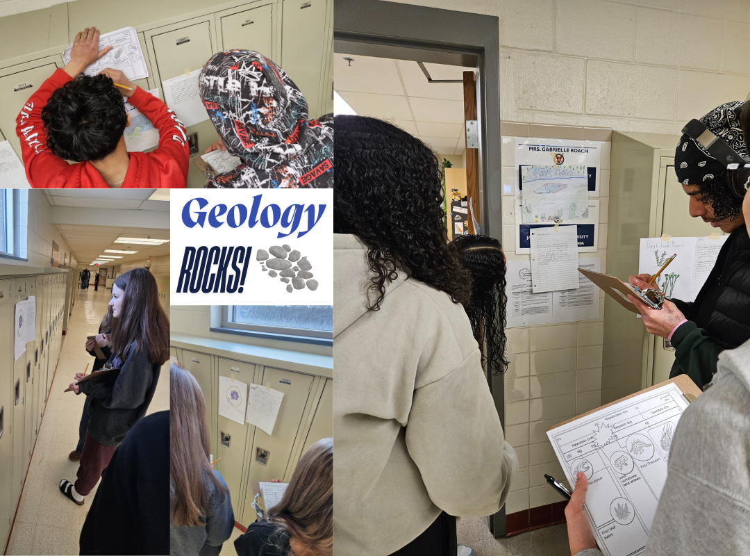 collage of 4 photos of students writing on paper and looking at papers attached to the lockers