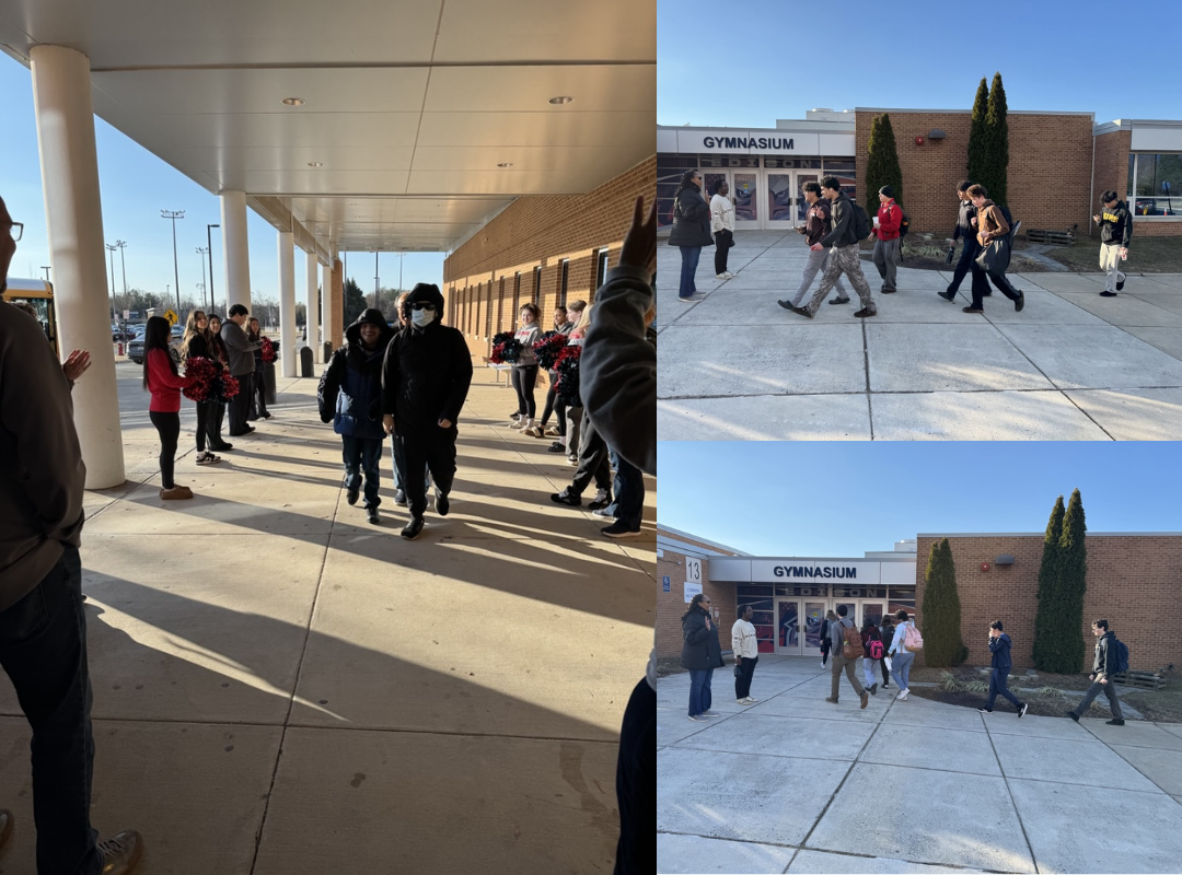 collage of 3 photos of students walking into school greeted by cheerleaders and counselors.
