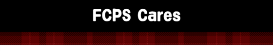 "FCPS Cares on black background with red plaid band."