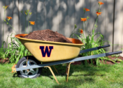 Wheelbarrow full of mulch with Woodson logo