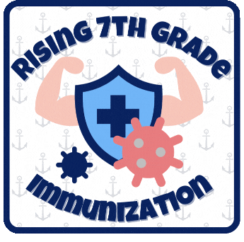 Rising 7th Grade Immunization image with germs and a shield in the middle and arms flexing
