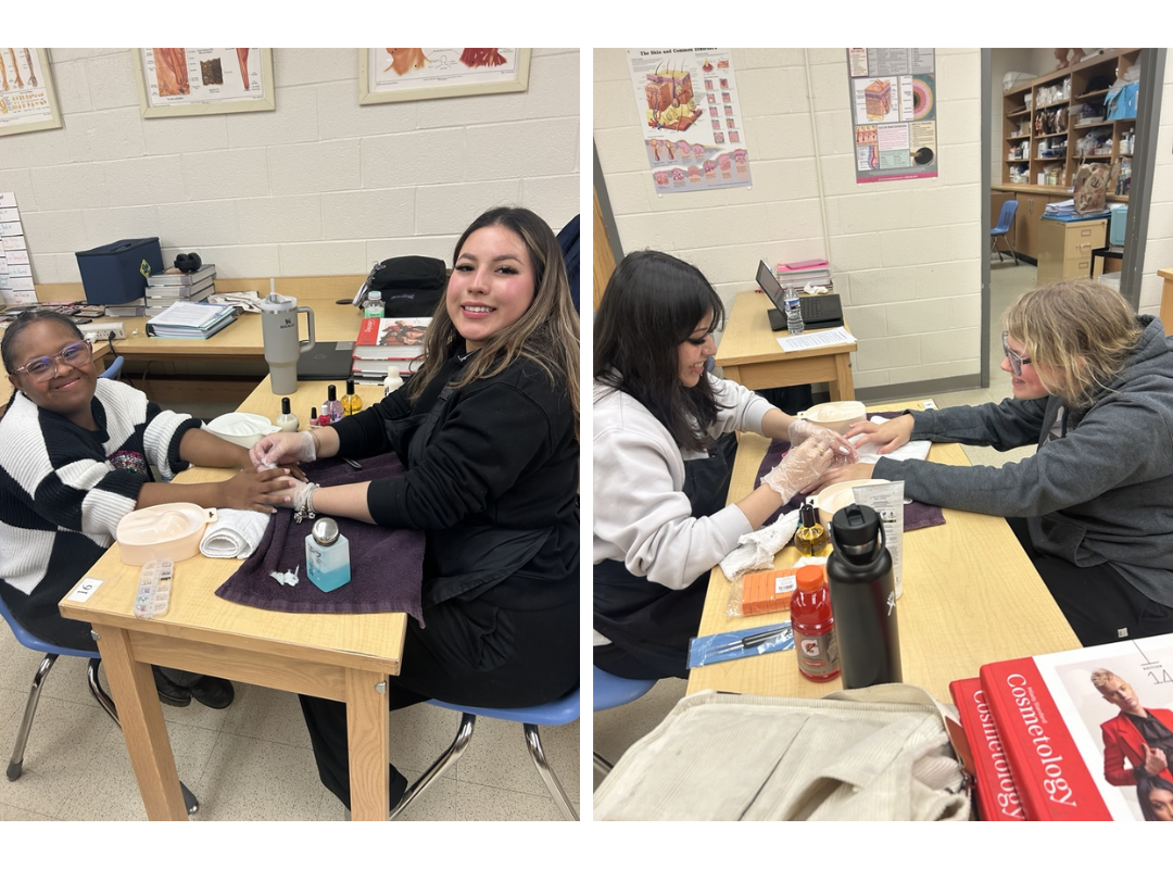 Nail artists doing the nails of other students
